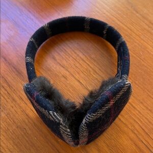 Brooks Brothers navy plaid Wool ear muffs with rabbit fur